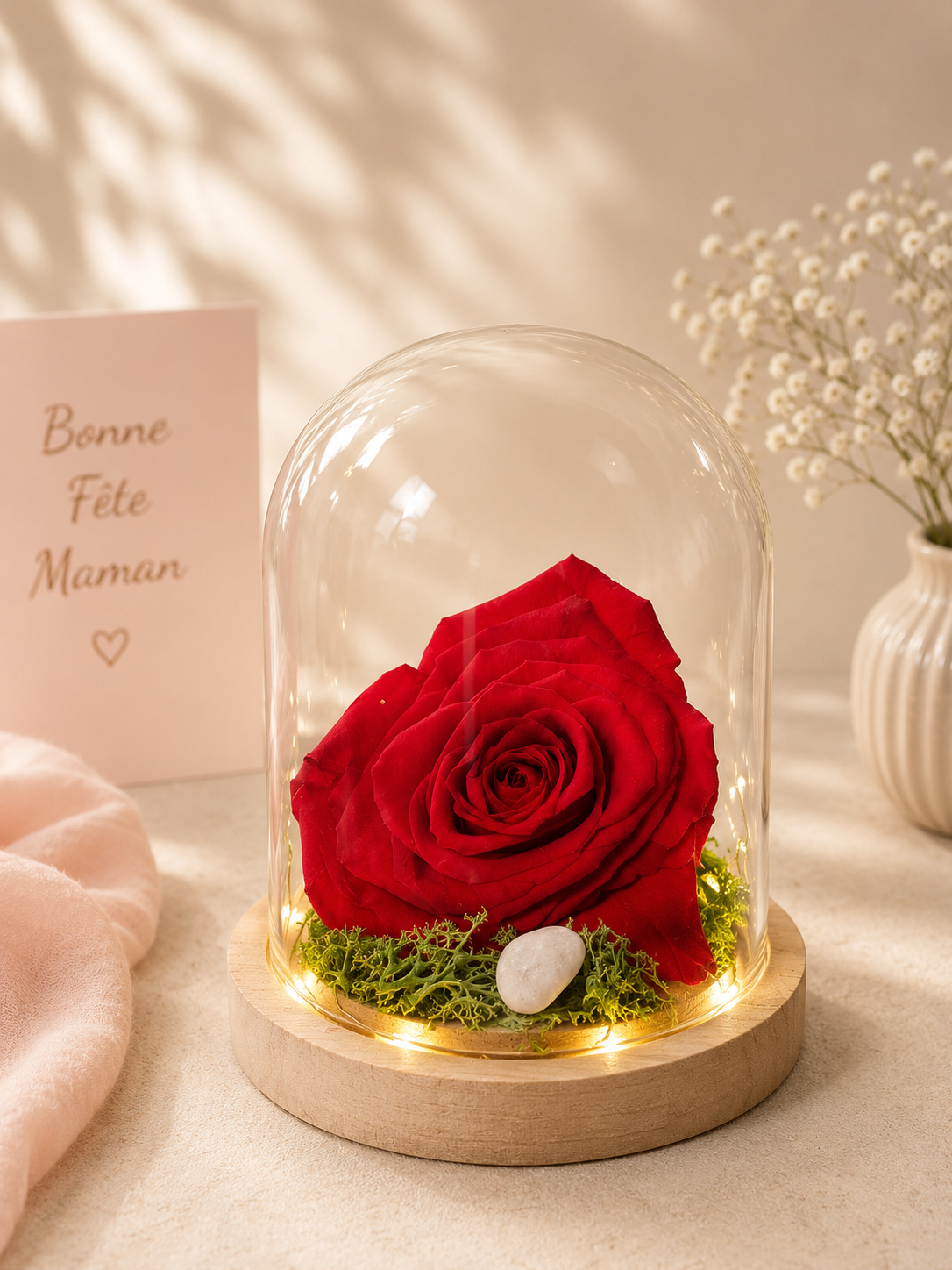 Rose éternelle cœur sous cloche
