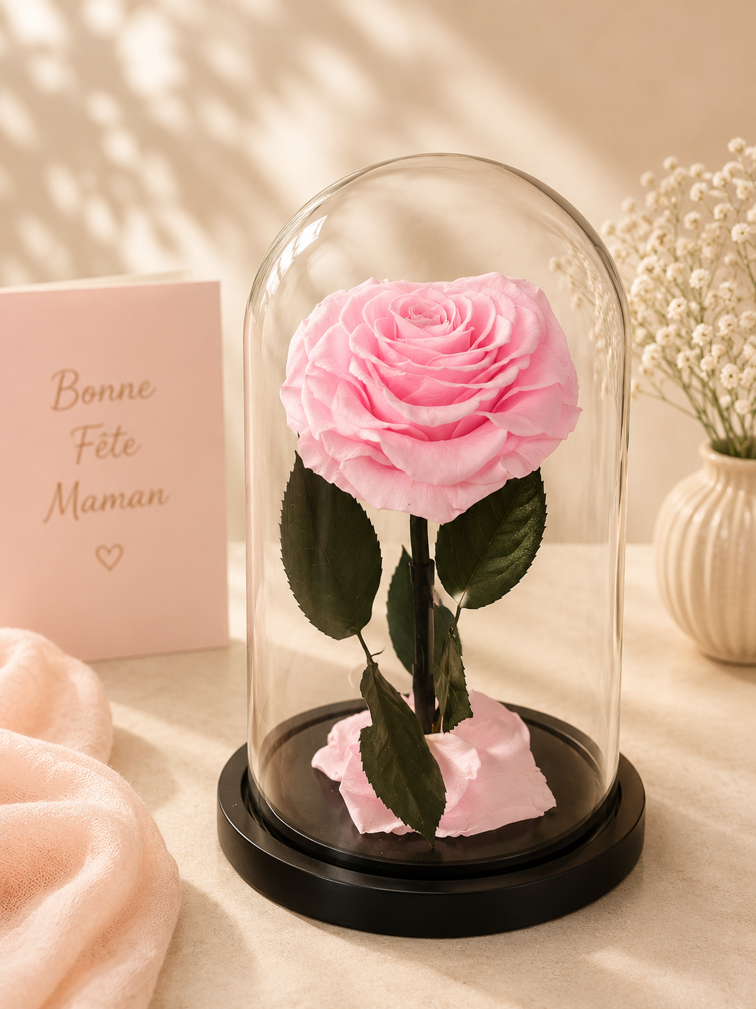 Rose rose éternelle cœur sous cloche