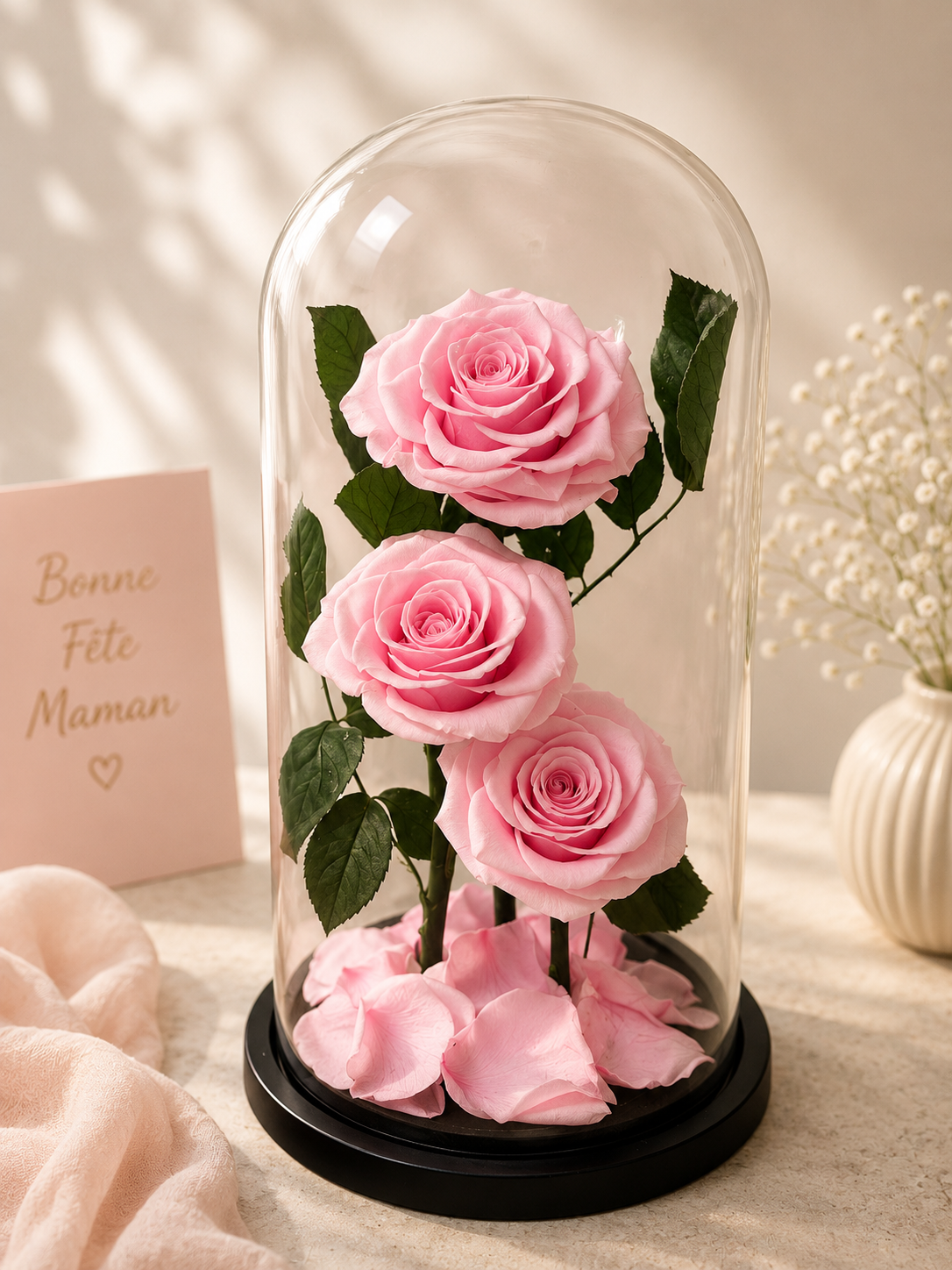 Trio Roses éternelles sous cloche