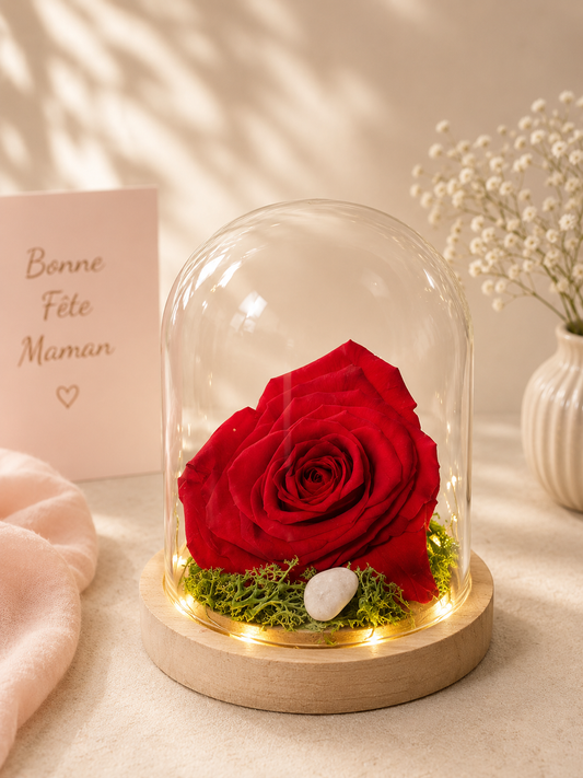Rose éternelle cœur sous cloche